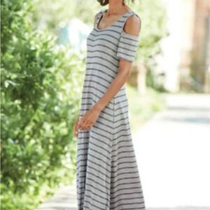 Soft‎ Surroundings Electra Maxi Dress Striped Cold Shoulder Knit Grey PXL